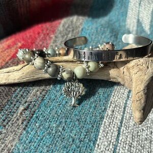 Set of 2 Bracelets - Tree of Life With Green Beads & Silver Cuff with Trees